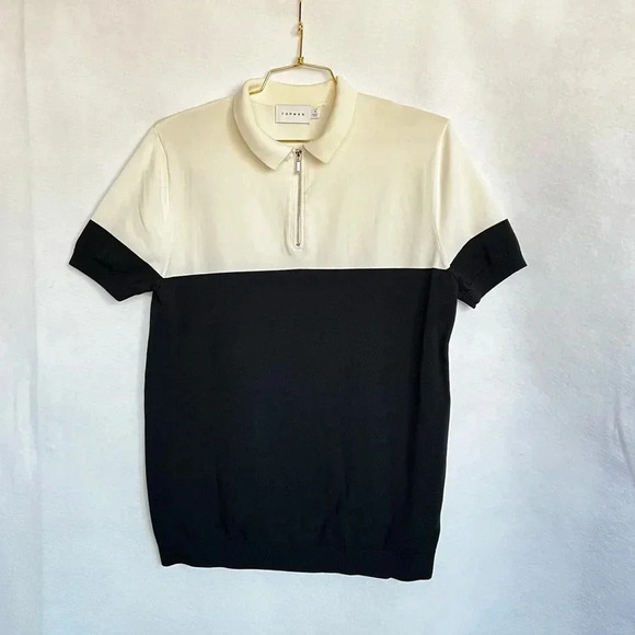 Topman Colorblock Polo Sweater Size Small 1/4 Zip Black Ivory Short Sleeve Knit - Picture 1 of 8